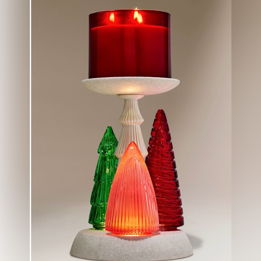 New in Box Bath & Body Works Glass Light Up Trees Pedestal 3-wick Candle Holder